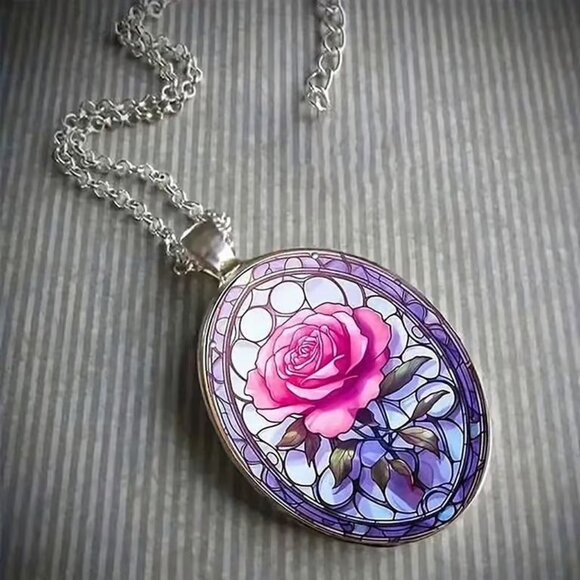 Silver Oval Shaped PINK ROSE Pendant Necklace - Picture 2 of 3